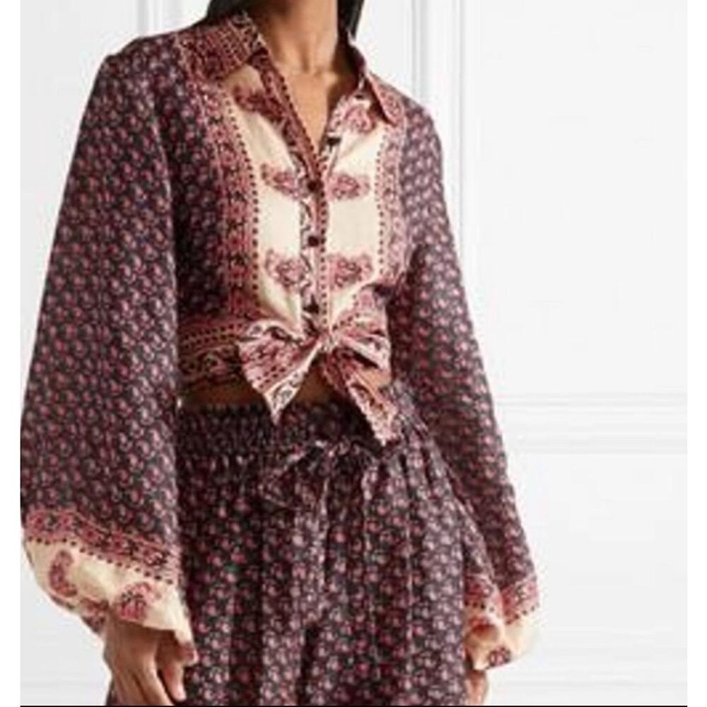 Zimmermann Top Womens 6 Jaya Tie-Front Printed Linen Shirt Boho Crop Blouse